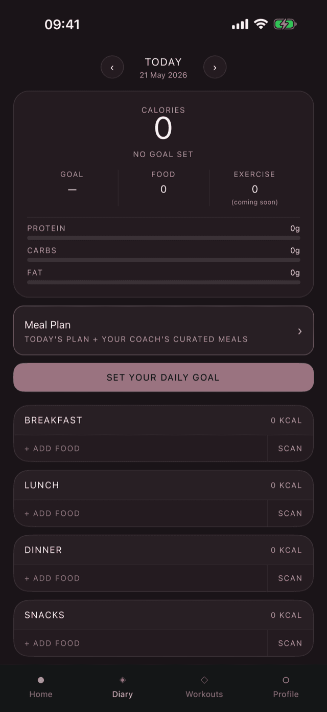 LongLife app — food diary and macros screen