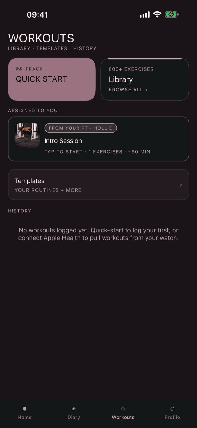 LongLife app — assigned workouts screen